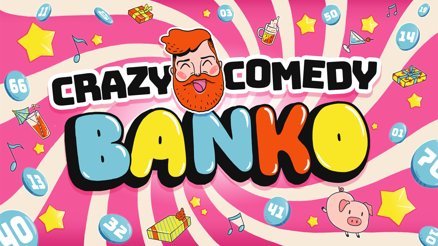 Banko poster. Animeret ansigt af en mand med rødt hår og skæg. Rund om teksten kan ses en masse tal og figur.