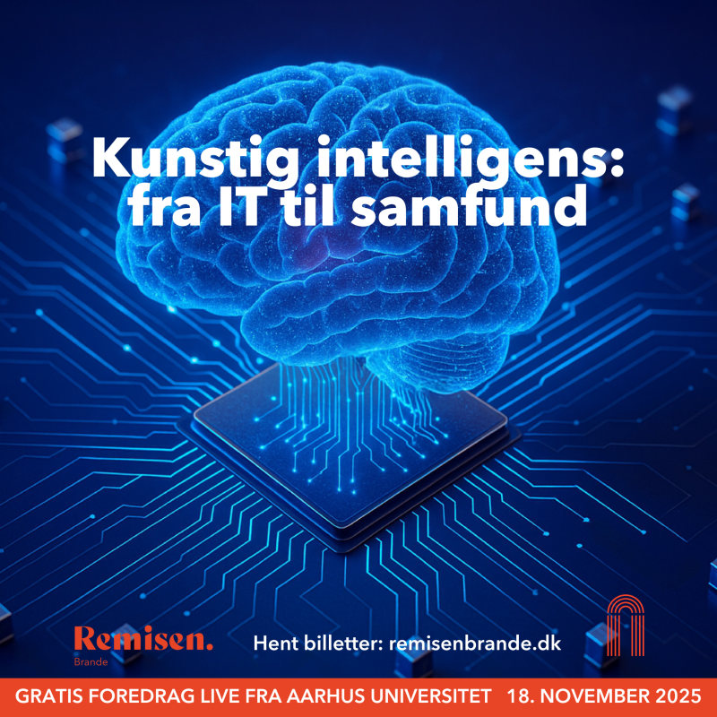 Kunstig intelligens. På billedet ses en hjerne som er blå, og i forgrunden er der tekst.